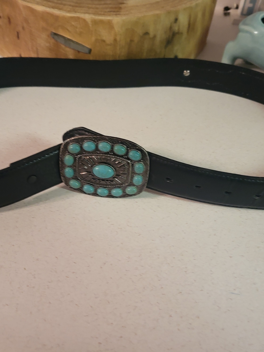 Genuine Leather Black/Silver Belt with Turquoise Stones Western Belt